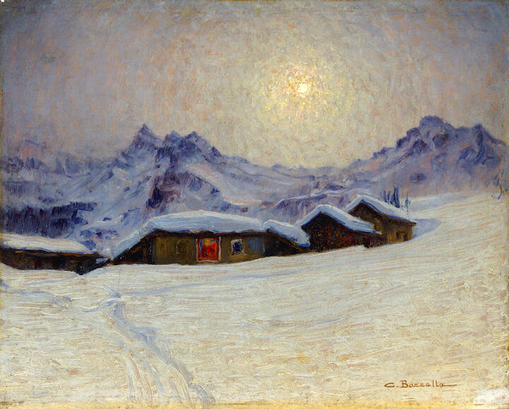 GIUSEPPE BOZZALLA - 'Baite sotto la neve (col Mucrone in distanza sulla destra e a sinistra monti di fantasia)'