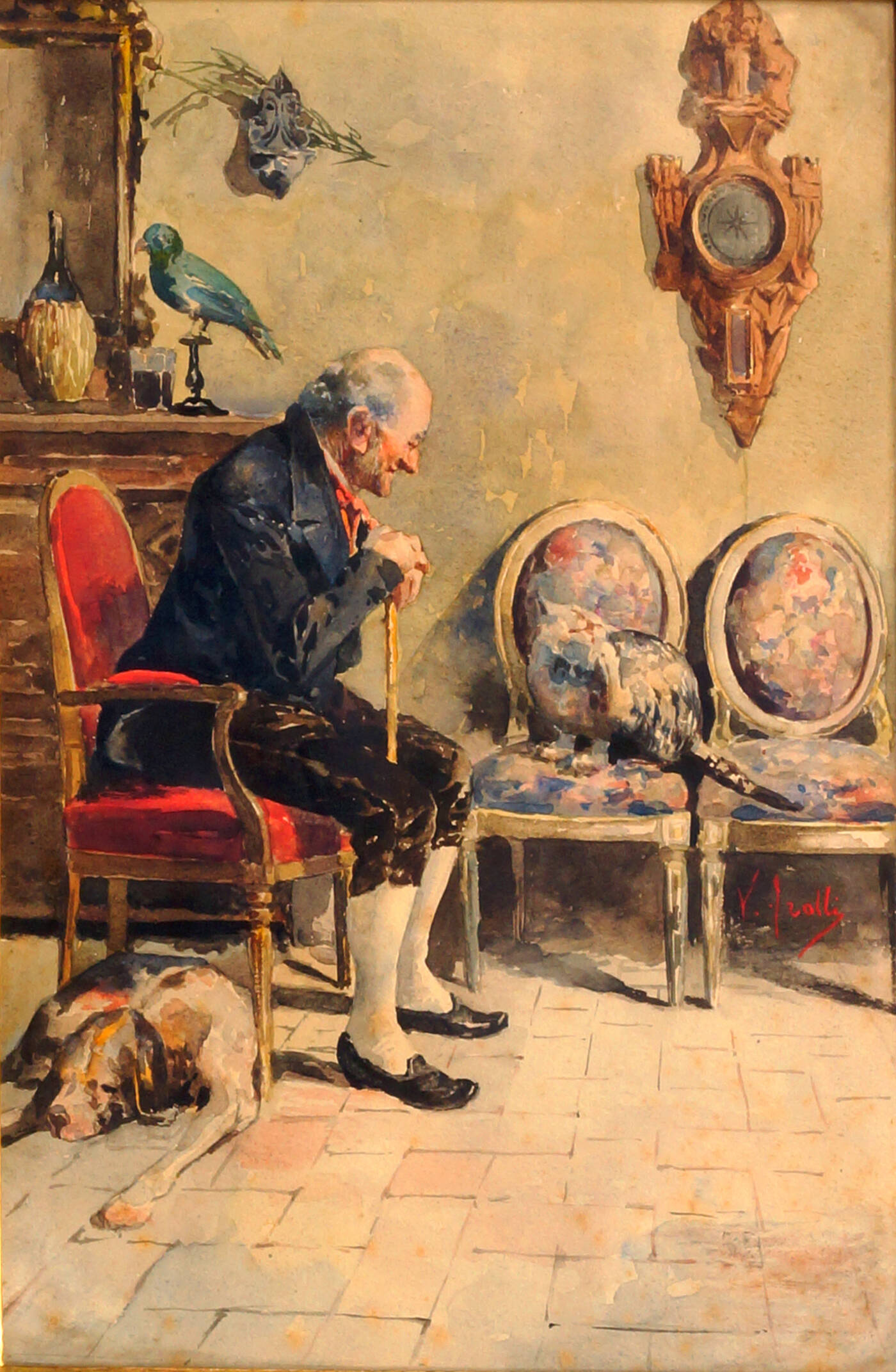 VINCENZO IROLLI - 'Interno con figura, cane e gatto'